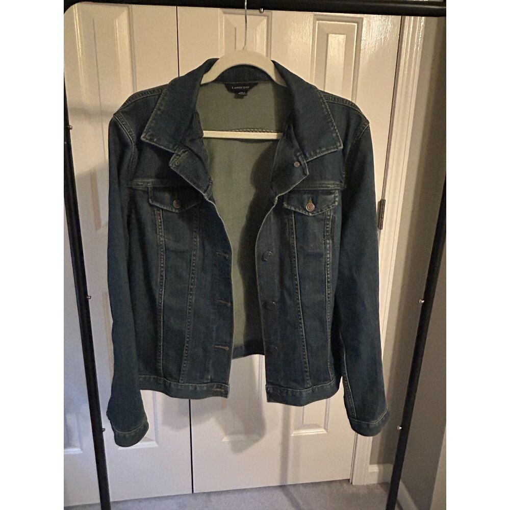 Lands End Denim Jacket Women's Blue Trucker Jean Coat Style Size L